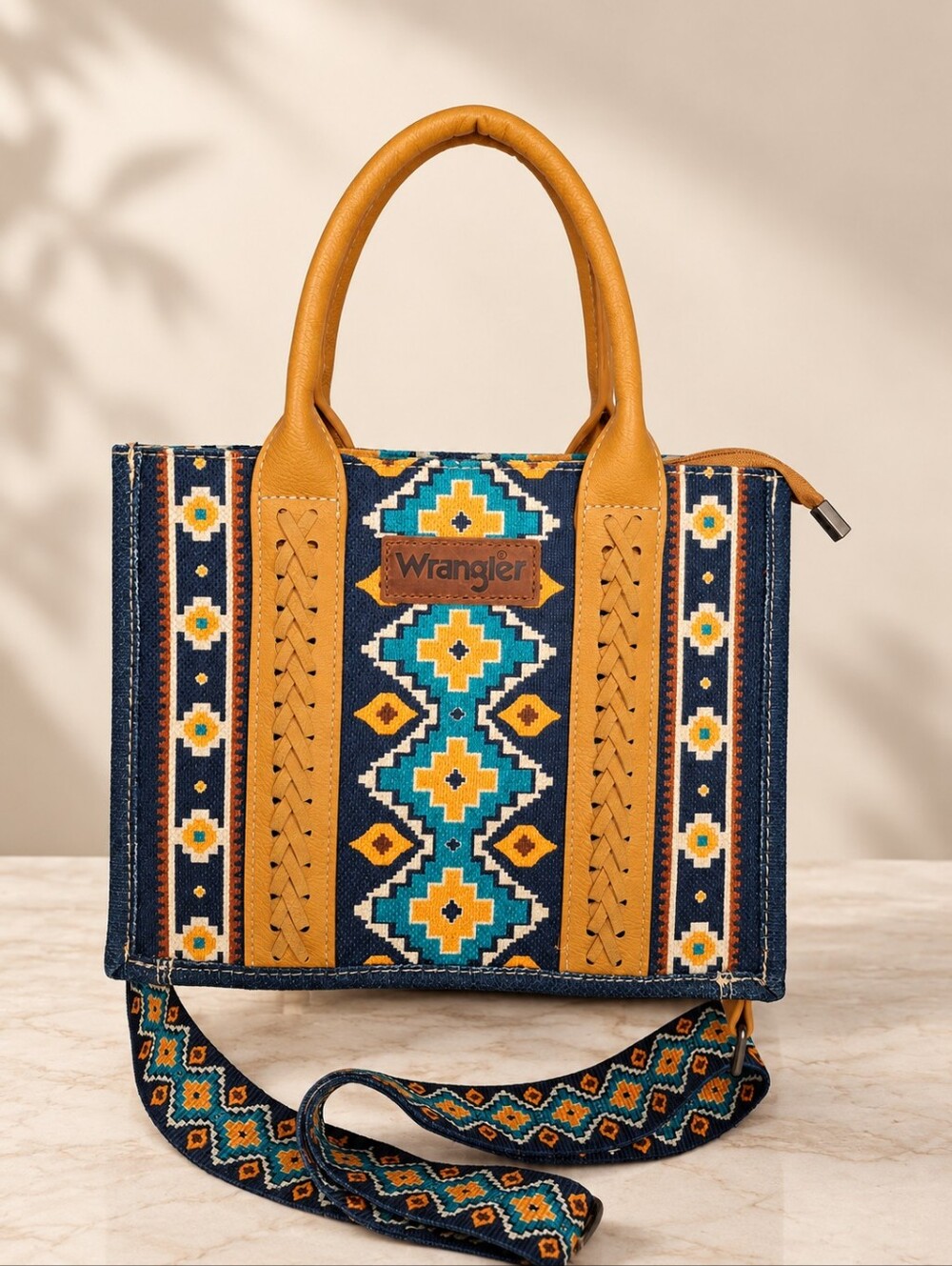 Wrangler Southwestern Aztec Canvas Tote Crossbody Bag Mustard NWOT